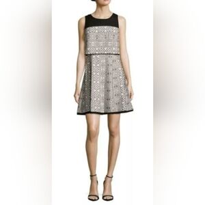 Black and White Geometric Midi Dress With Pockets